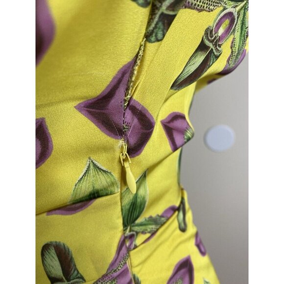 PatBo Asymmetrical Belted Floral Mini Dress Puff Sleeves Satin Yellow Size 4 - Picture 11 of 15